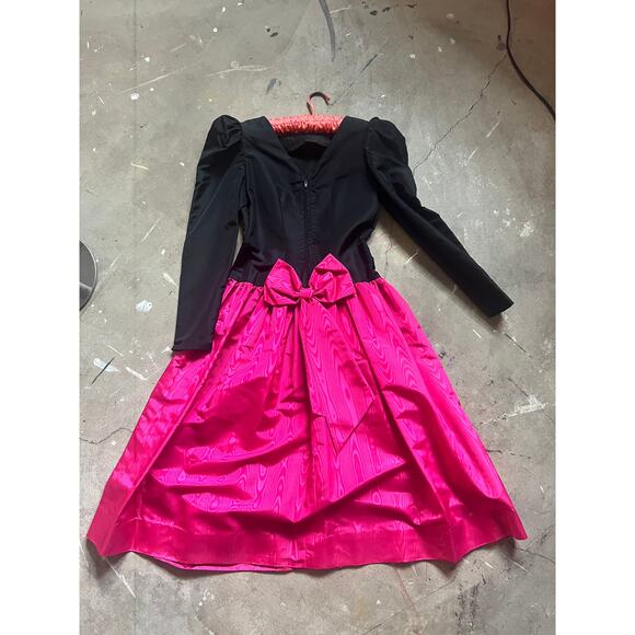 Vintage Pink Black Satin Dress,  80s  Bow Prom Punk Goth Gothic Formal - Picture 1 of 7